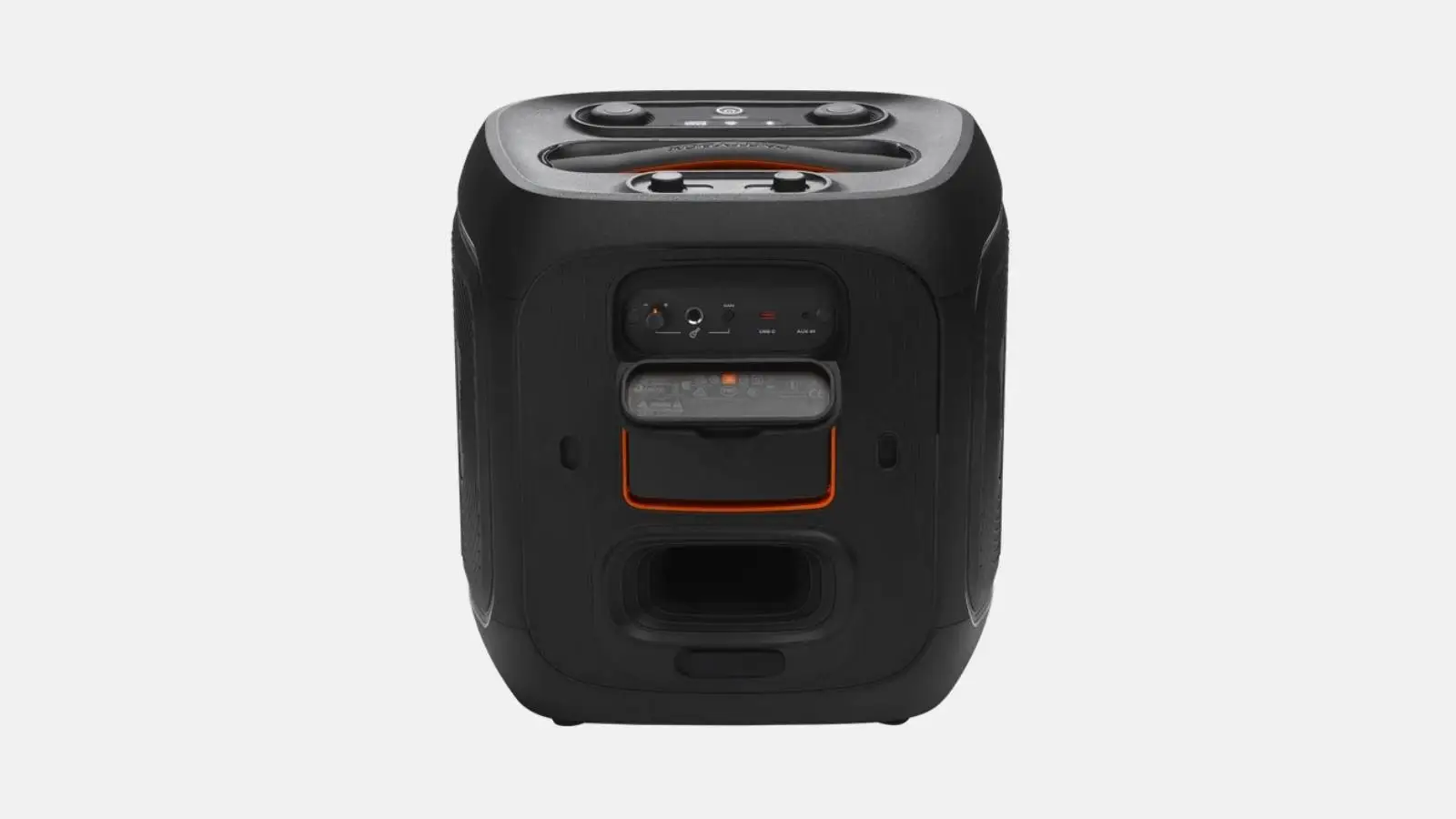 JBL PartyBox Encore 2 Akku-Lautsprecher in Schwarz mit Rückseite und Anschlussfeld vor weißem Hintergrund.