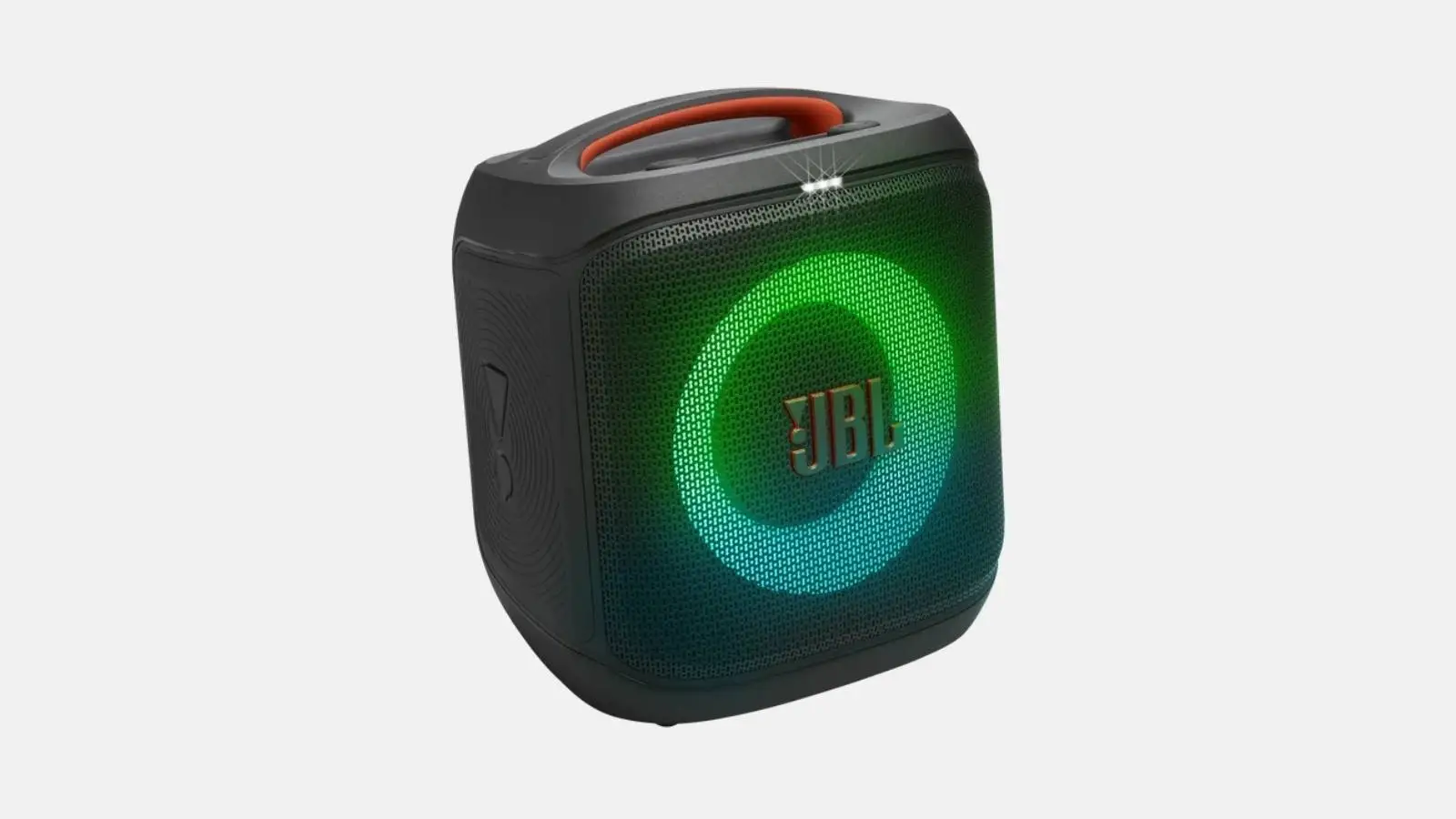 JBL PartyBox Encore Essential 2 Akku-Lautsprecher in Schwarz mit farbiger Ringbeleuchtung und Tragegriff vor weißem Hintergrund.