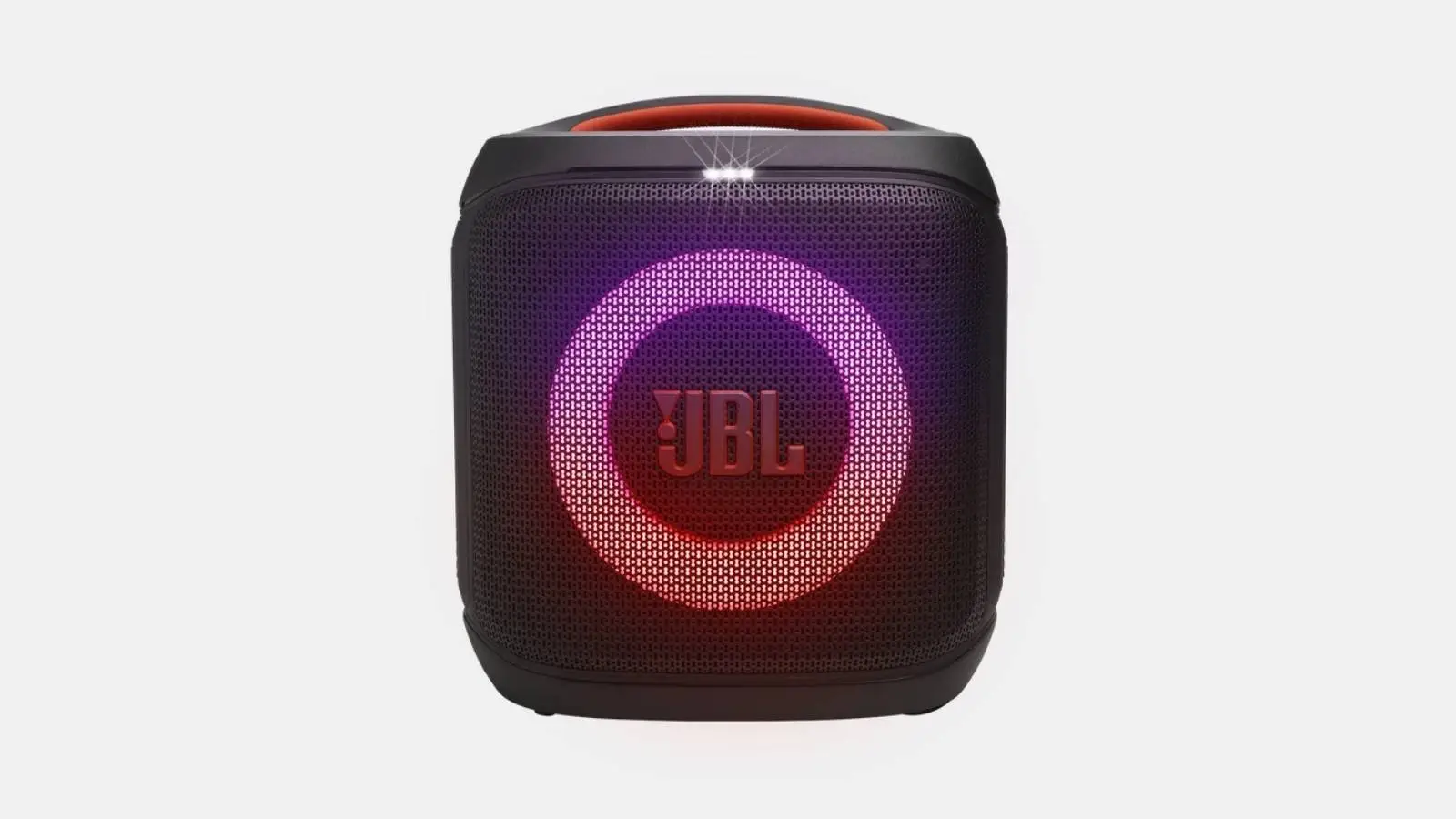 JBL PartyBox Encore Essential 2 Akku-Lautsprecher in Schwarz in Frontansicht mit farbiger Lichtshow vor weißem Hintergrund.