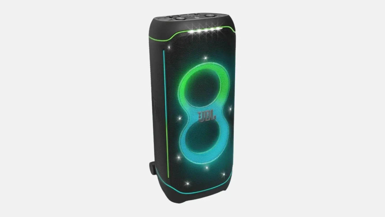 JBL PartyBox Ultimate Party-Lautsprecher in Schwarz mit farbiger Beat-Lichtshow und Rollen vor weißem Hintergrund.