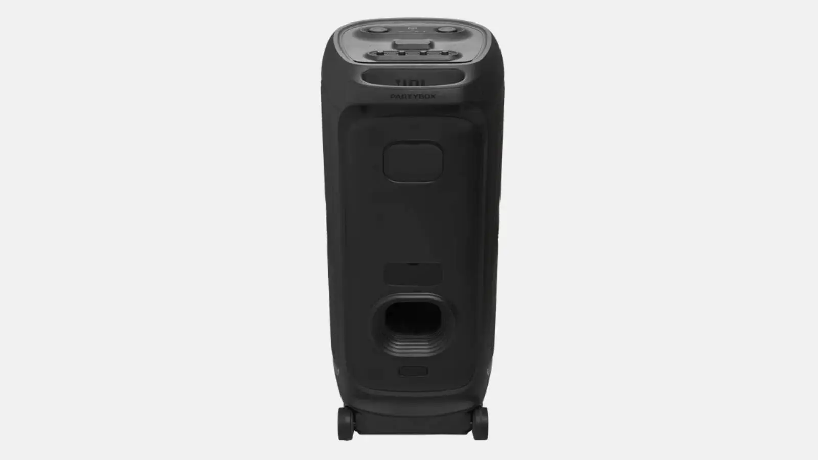 JBL PartyBox Ultimate Party-Lautsprecher in Schwarz mit Rollen in der Rückansicht vor grauem Hintergrund.