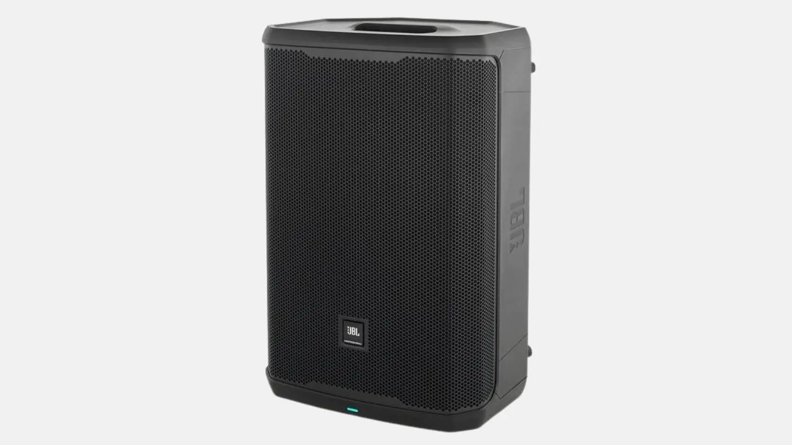 JBL PRX915 Fullrange-Lautsprecher in Schwarz in schräger Frontansicht vor grauem Hintergrund.