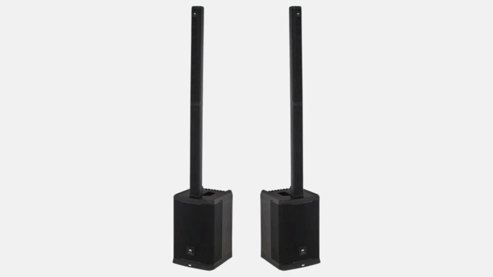 JBL PRX ONE Säulensystem als Paar in Schwarz mit Säulenlautsprechern auf Basslautsprechern vor grauem Hintergrund.