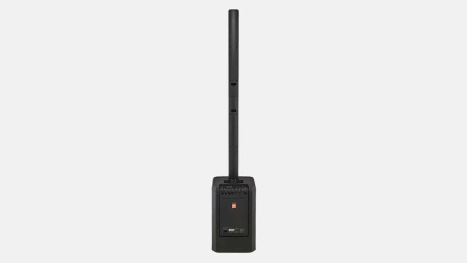 JBL PRX ONE Säulensystem in Schwarz in der Frontansicht vor grauem Hintergrund.