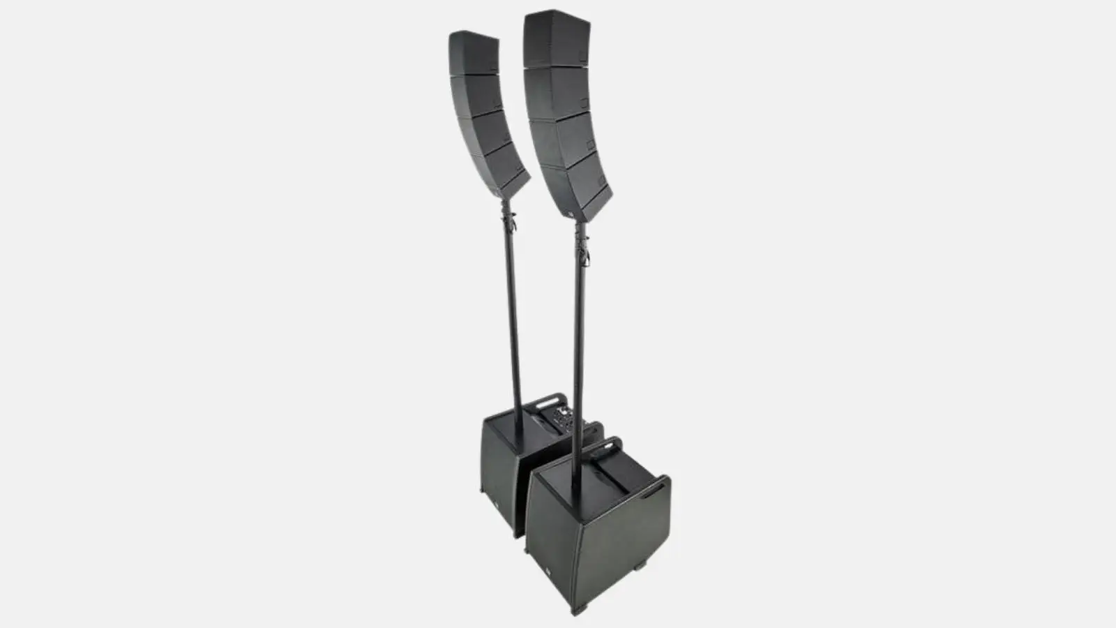 LD Systems CURV 500 PS System mit zwei gebogenen Line-Array-Satelliten auf Distanzstangen und schwarzen Basiseinheiten.