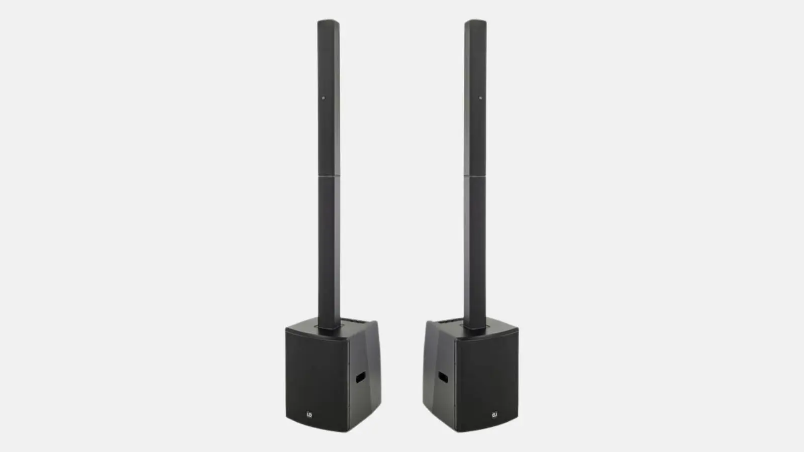LD Systems Maui 28 G2 Säulensystem in Schwarz als Paar mit Lautsprechersäulen und Subwoofern vor grauem Hintergrund.