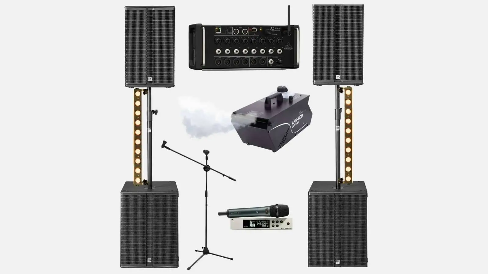 Konzert PA Paket mit HK Audio Linear 3 Stacks, Digitalmischer, Nebelmaschine und LED-Leisten vor grauem Hintergrund.