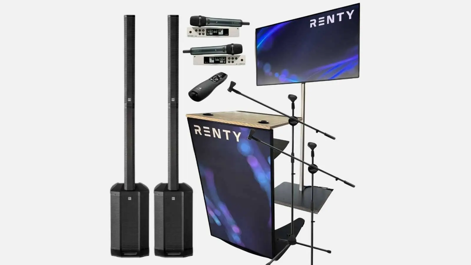 Konferenz Komplettpaket mit Säulenlautsprechern, Rednerpult, Display und Funkmikrofonen auf Stativen vor grauem Hintergrund.