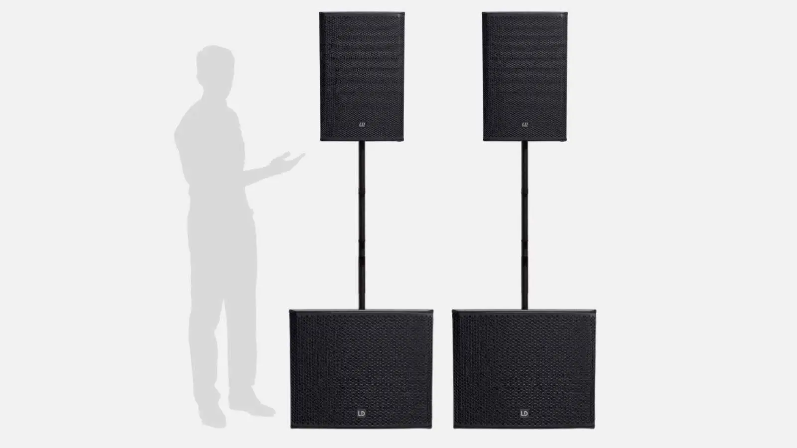 LD Systems Konzert PA Paket mit zwei Topteilen auf Distanzstangen und zwei 18 Zoll Subwoofern neben Größensilhouette.