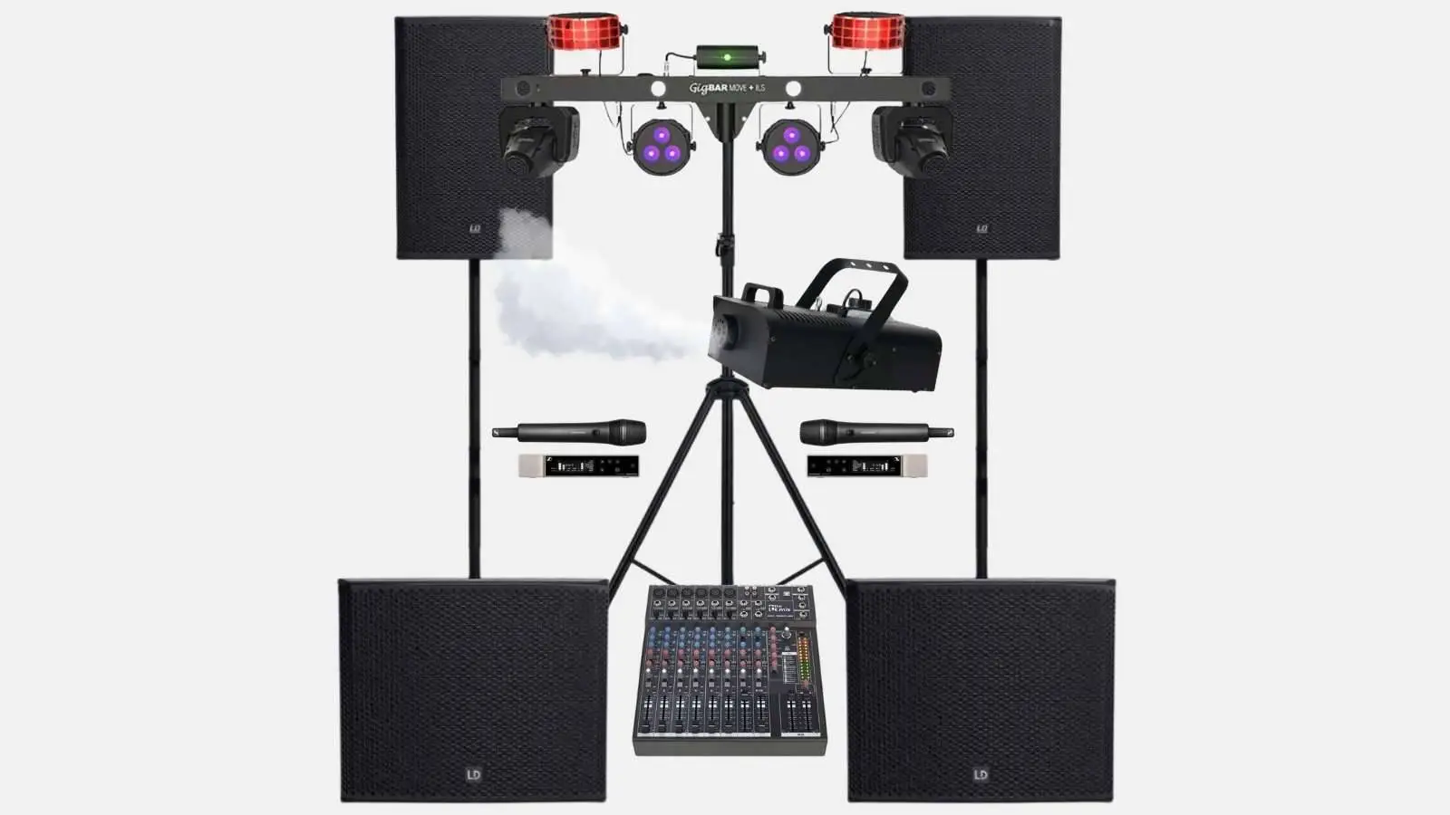 LD Systems Konzert PA Paket mit vier Lautsprechern, Chauvet GigBAR Lichtbar, Nebelmaschine, Funkmikrofonen und Mischpult.