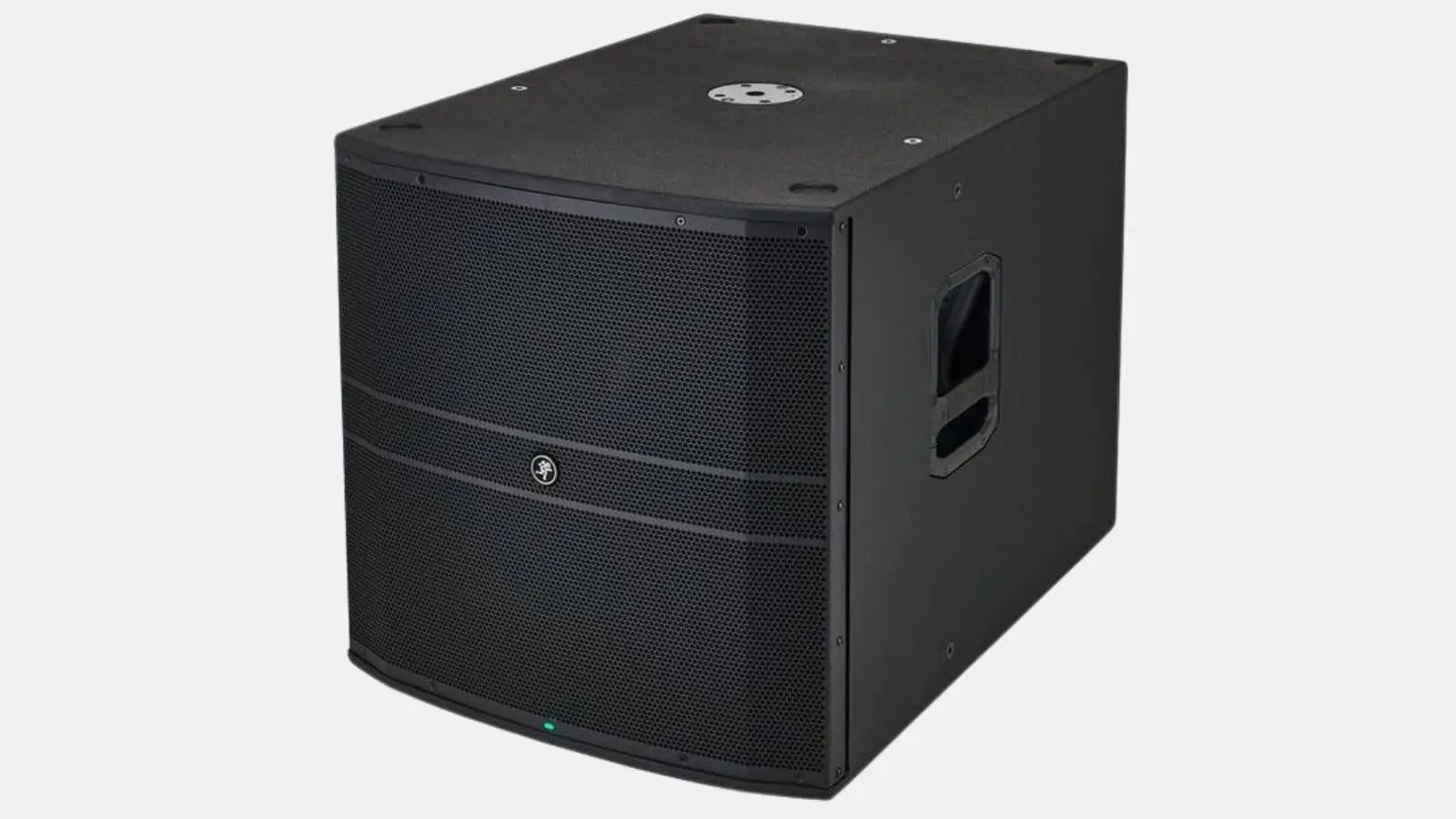 Mackie DRM 18S Aktiv-Subwoofer in Schwarz mit Frontgitter und Seitengriff vor weißem Hintergrund.