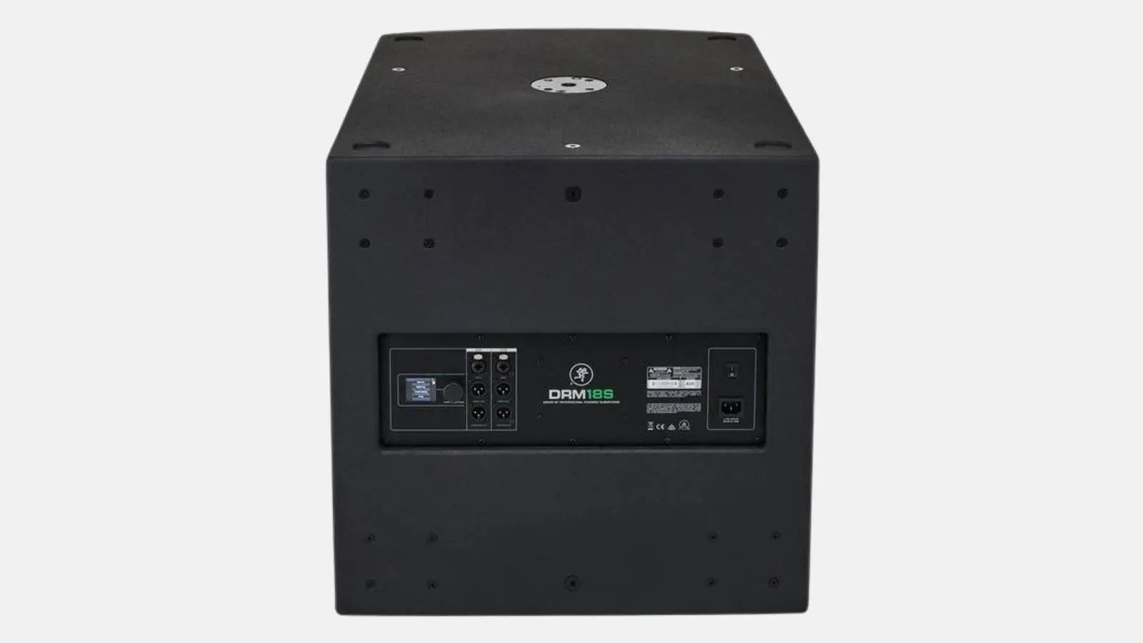 Mackie DRM 18S Aktiv-Subwoofer in Schwarz von hinten mit Verstärkerpanel und Anschlüssen.