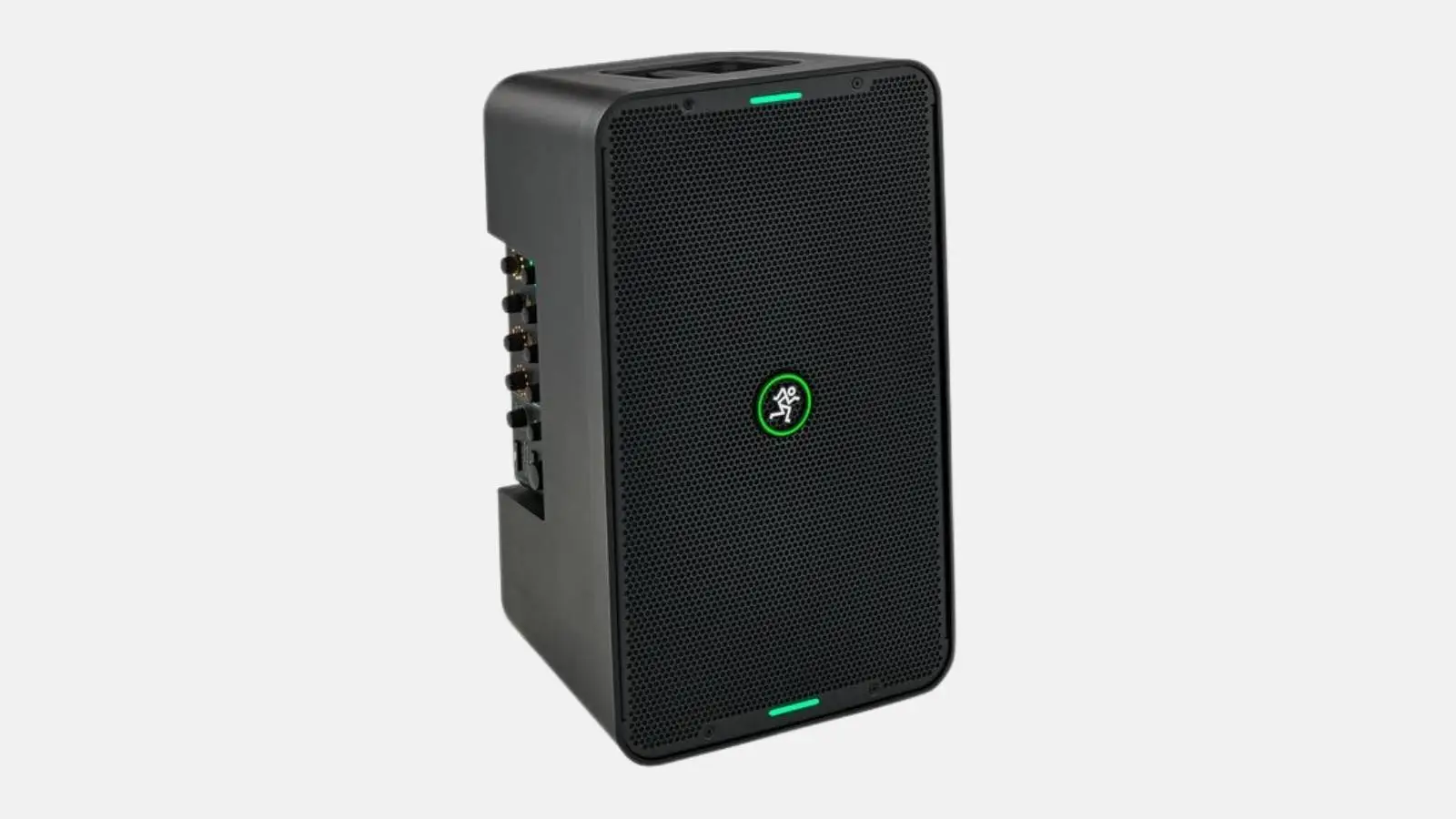 Mackie ShowBox Akku-PA mit integriertem Mixer in Schwarz mit grünen Akzenten und seitlichem Anschlussfeld.