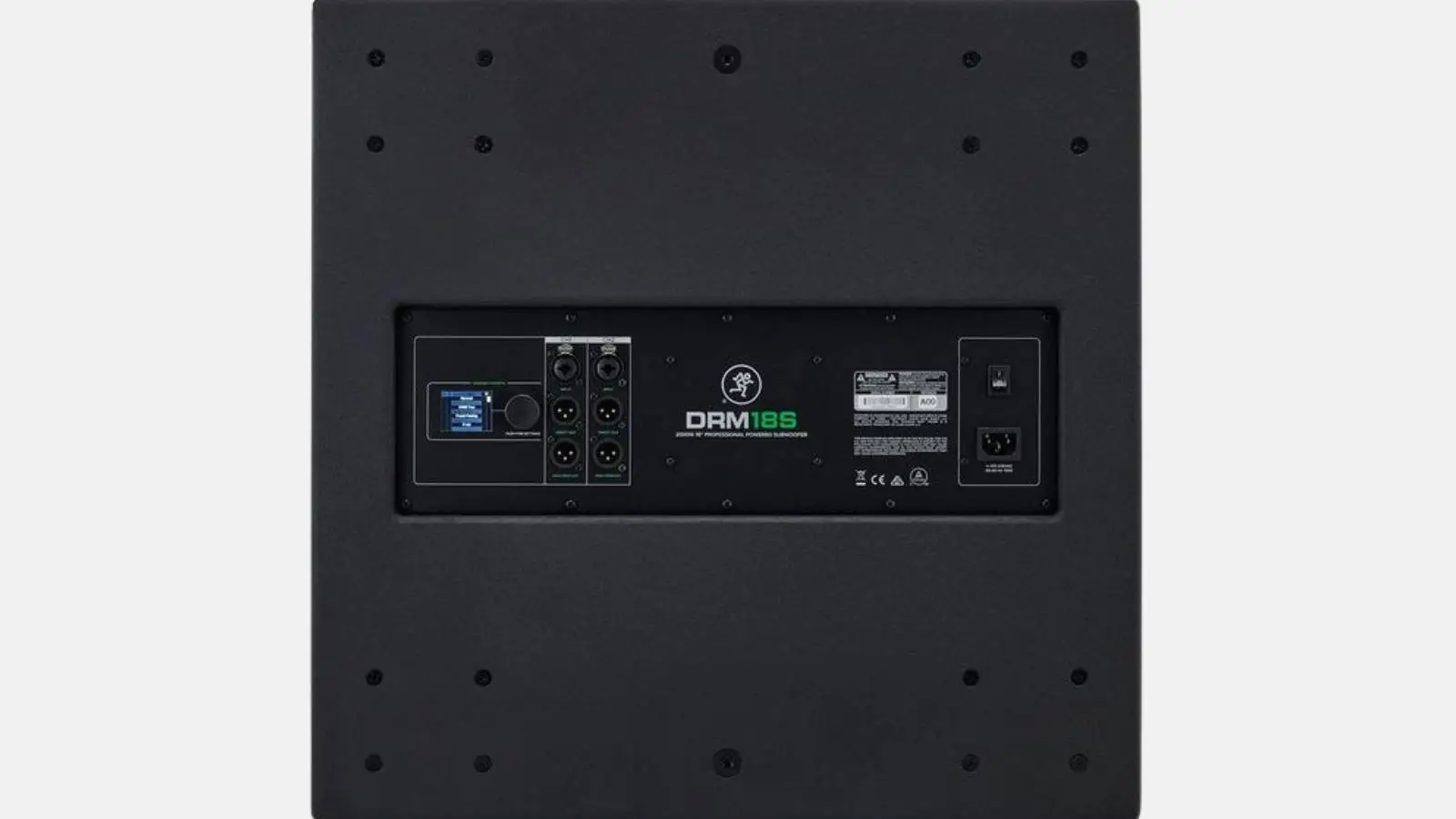 Mackie DRM 18S Subwoofer der SRM XT PA-Anlage mit Anschlussfeld und Display auf der Rückseite.