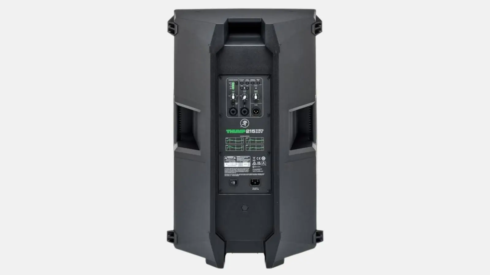 Mackie Thump 215XT Fullrange-Lautsprecher mit Anschlussfeld und Reglern auf der Rückseite in Schwarz.