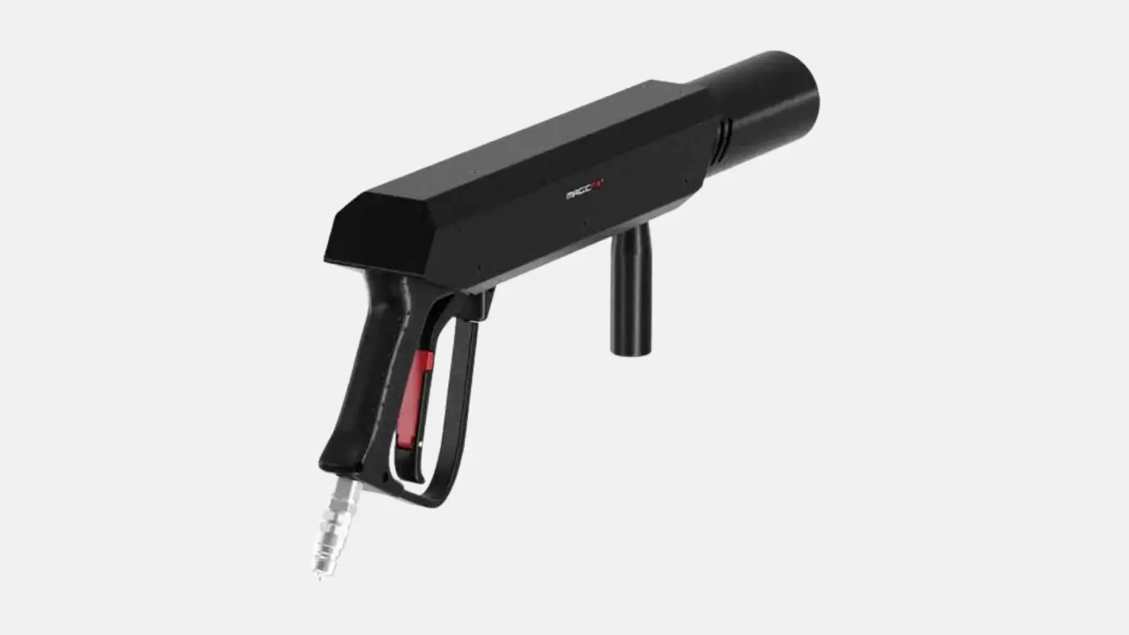 Magic FX CO2 Gun Hand-CO2-Kanone in Schwarz mit rotem Abzug schräg vor weißem Hintergrund.