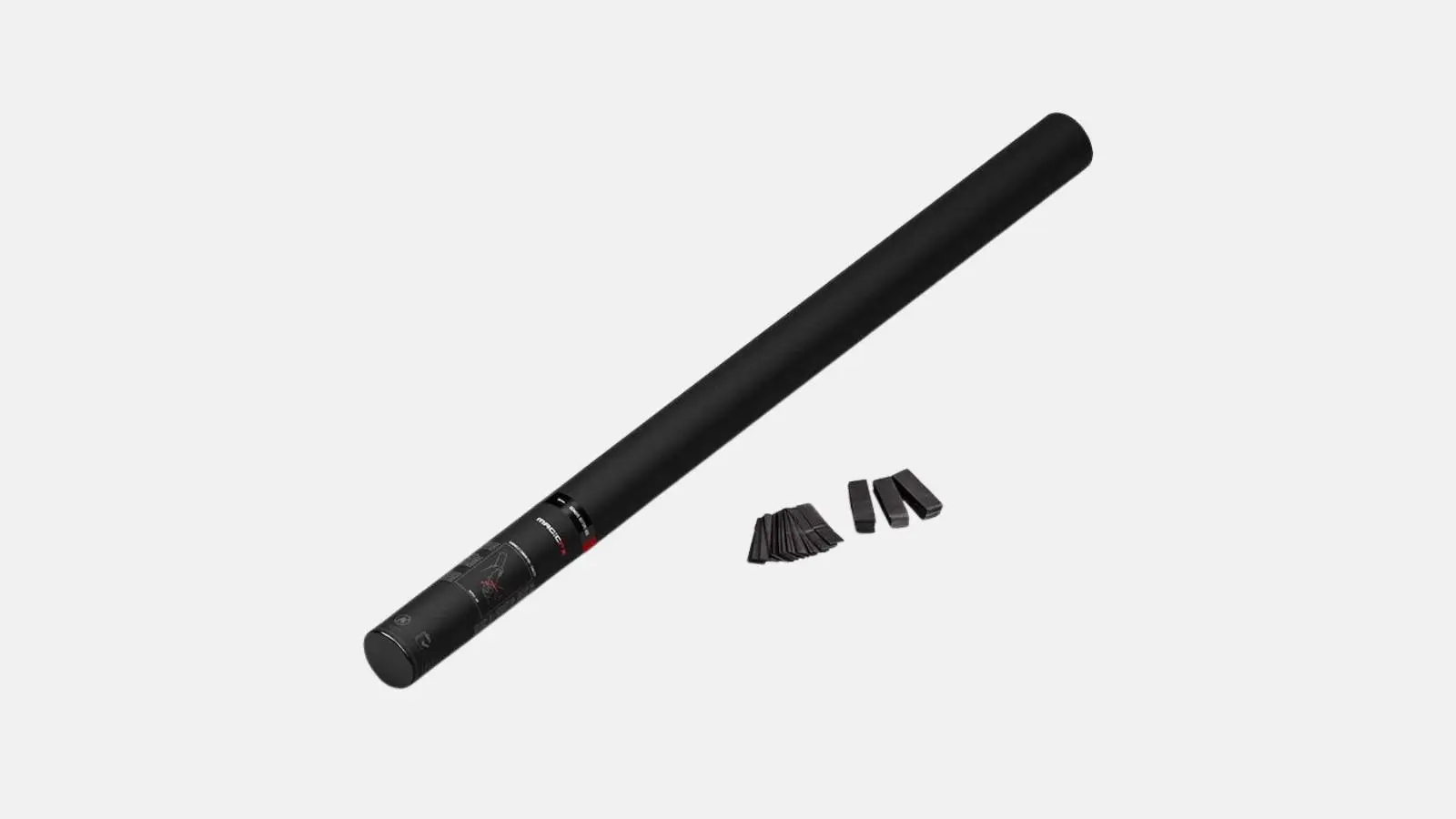 Magic FX handbetriebene Konfettikanone PRO 80cm in Schwarz mit Konfetti daneben vor weißem Hintergrund.