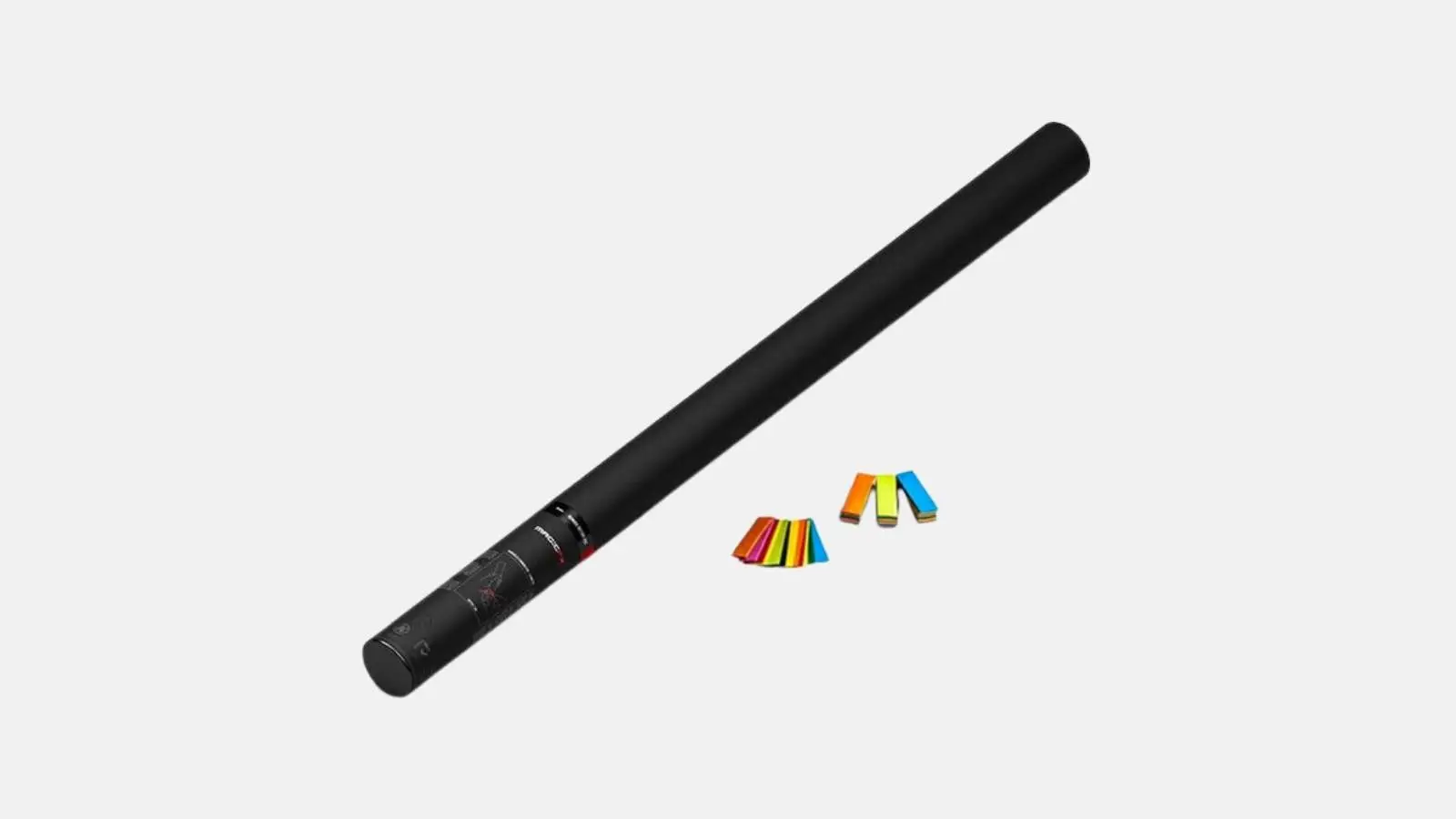 Magic FX handbetriebene Konfettikanone PRO 80cm in Schwarz mit buntem Konfetti vor weißem Hintergrund.