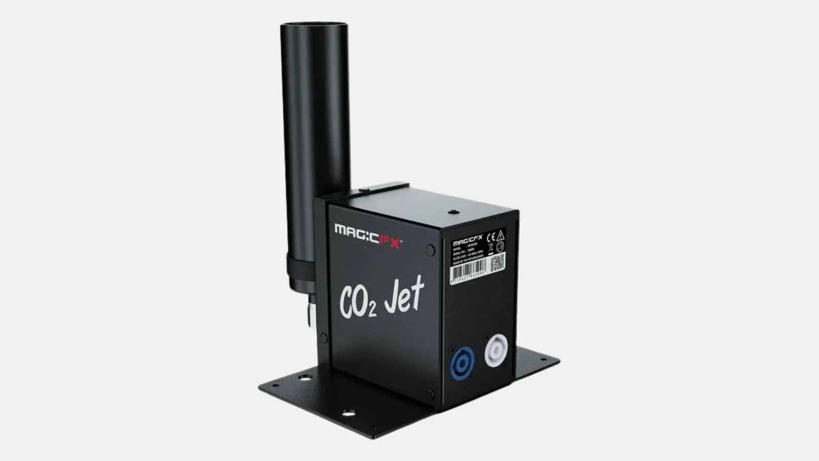 Magic FX CO2 Jet I CO2-Effekt-Kanone in Schwarz mit Düsenrohr und Bodenplatte schräg von der Seite.