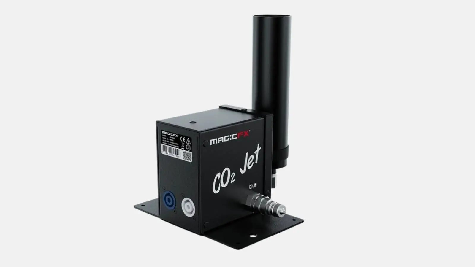 Magic FX CO2 Jet I Effekt-Kanone in Schwarz mit Düsenrohr auf Montageplatte vor weißem Hintergrund.