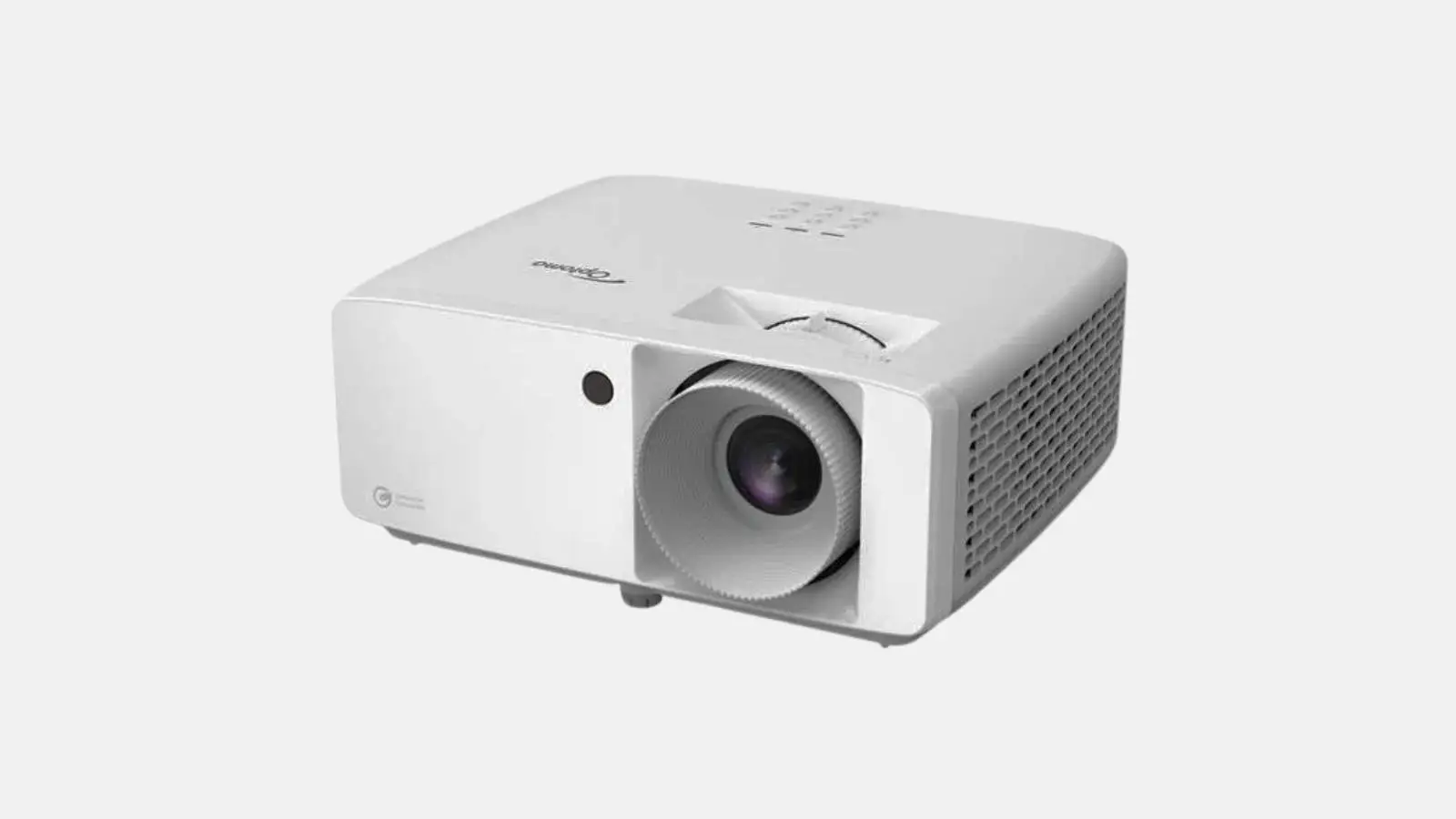Optoma ZH420 Laser-Beamer in Weiß mit Objektiv und seitlichen Lüftungsschlitzen in schräger Ansicht.