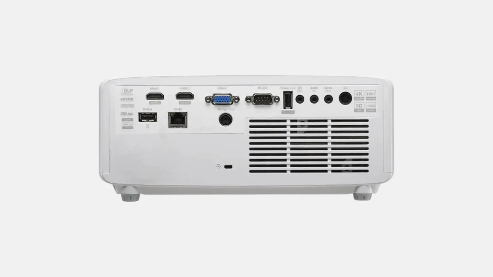 Optoma ZH551 Laser-Beamer in Weiß von der Rückseite mit HDMI, VGA und weiteren Anschlüssen.