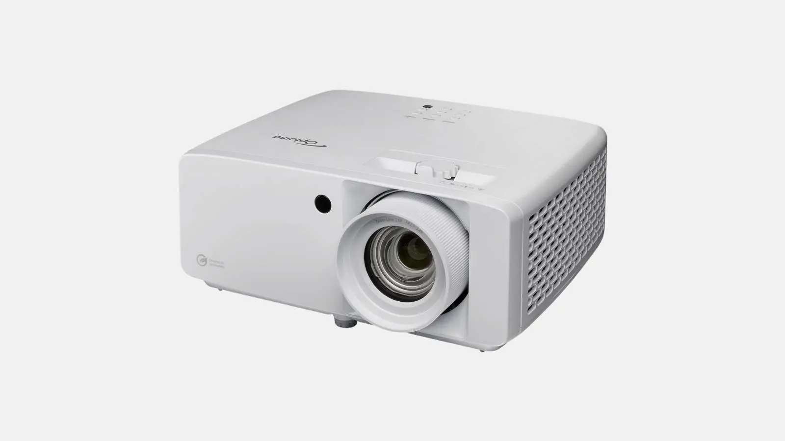 Optoma ZH551 Full HD Laser-Beamer in Weiß mit Objektiv in schräger Ansicht.
