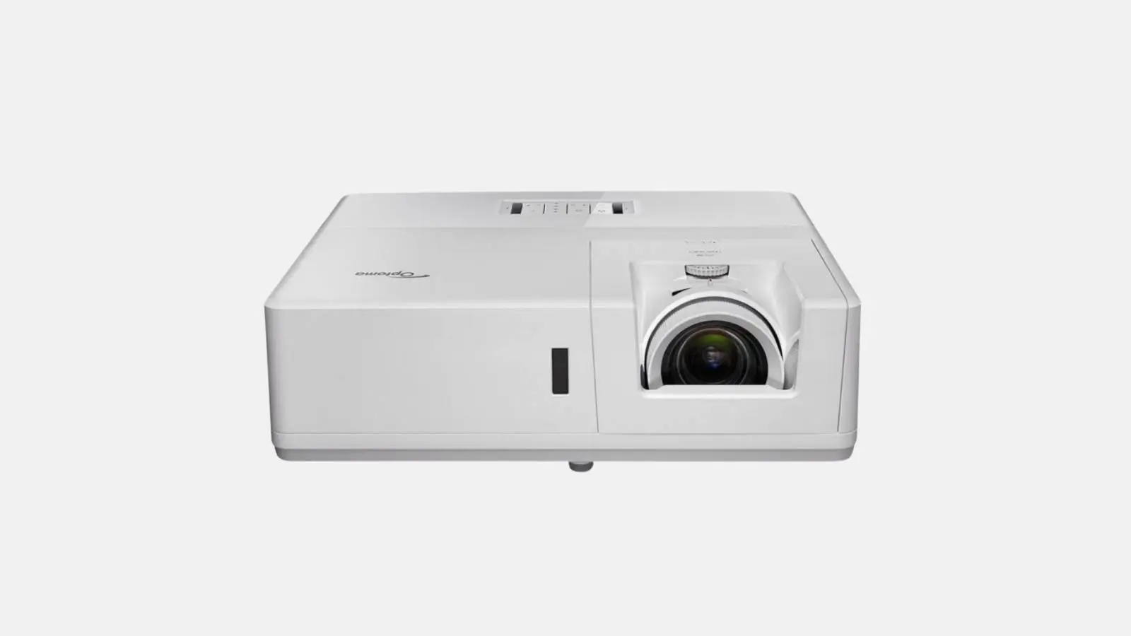 Optoma ZU606Te WUXGA Laser-Beamer in Weiß mit Objektiv und Lüftungsschlitzen in der Frontansicht.