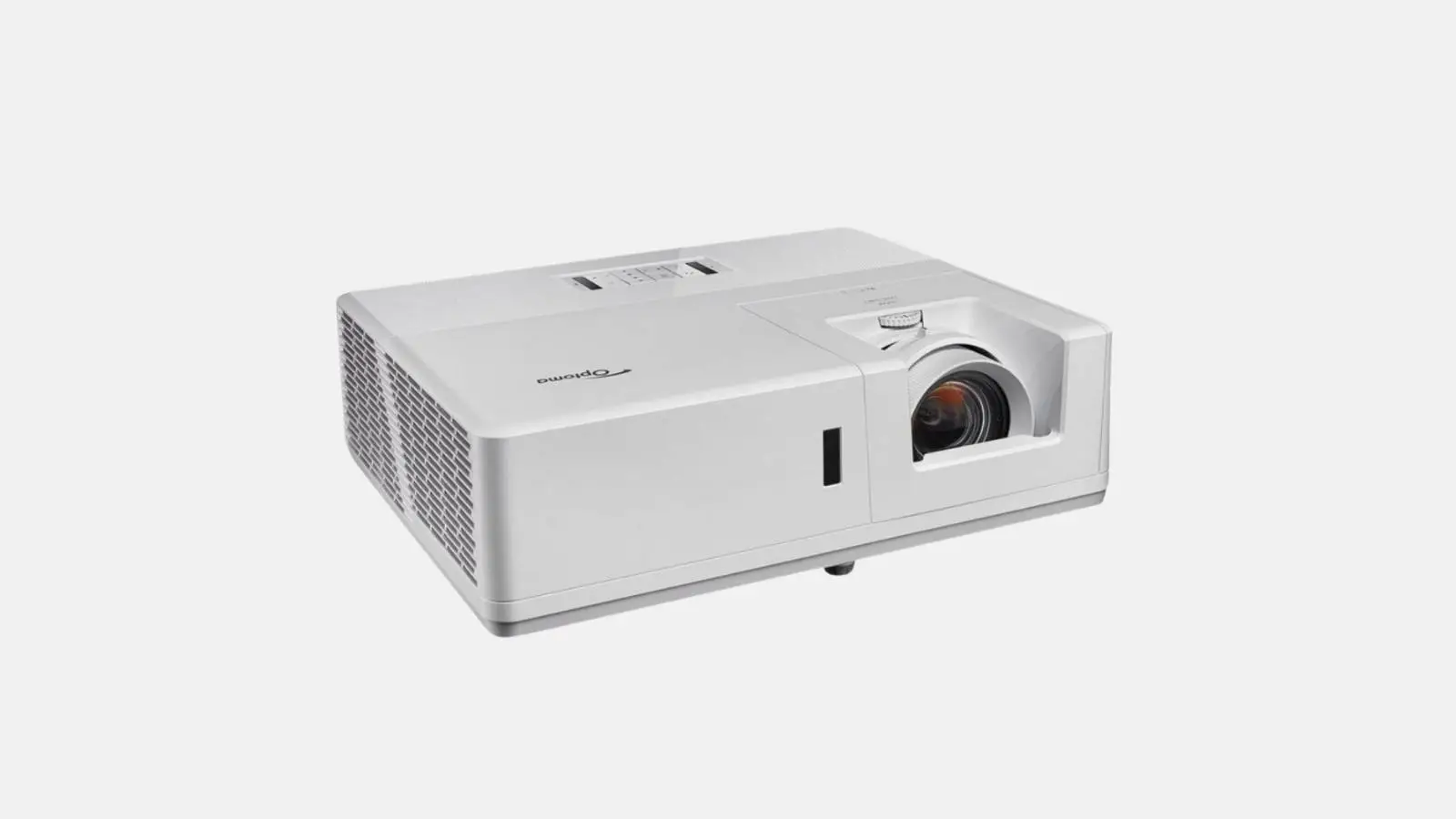 Optoma ZU606Te WUXGA Laser-Beamer in Weiß mit Objektiv in schräger Ansicht.