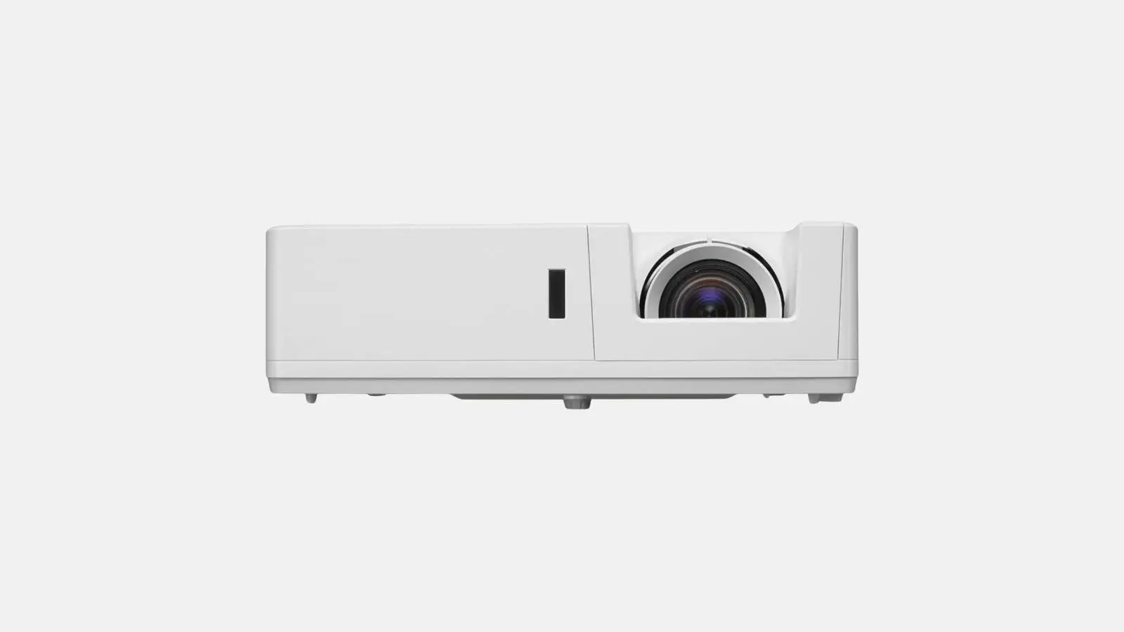 Optoma ZU707T Laser-Beamer in Weiß mit Objektiv in seitlicher Ansicht.