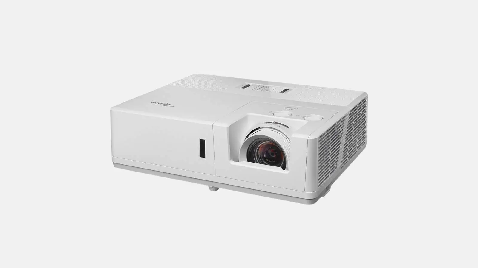 Optoma ZU707T WUXGA Laser-Beamer in Weiß mit Objektiv und Lüftungsschlitzen in schräger Ansicht.