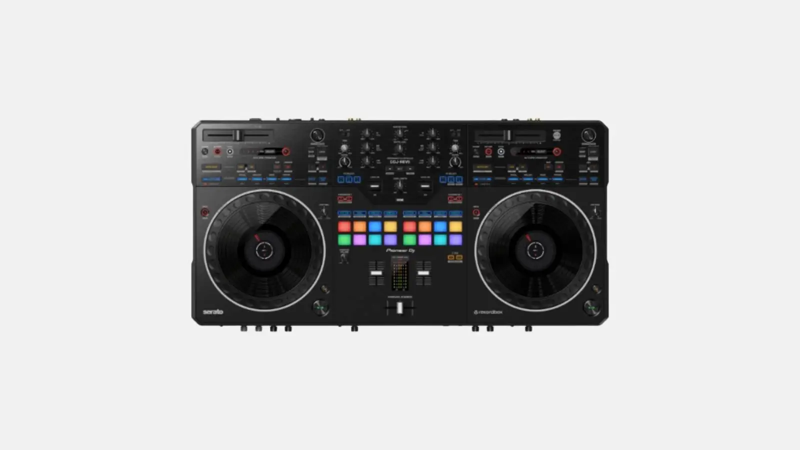 Pioneer DDJ-REV5 Battle-DJ-Controller in Schwarz mit zwei Jog-Wheels und farbigen Performance-Pads in der Draufsicht.