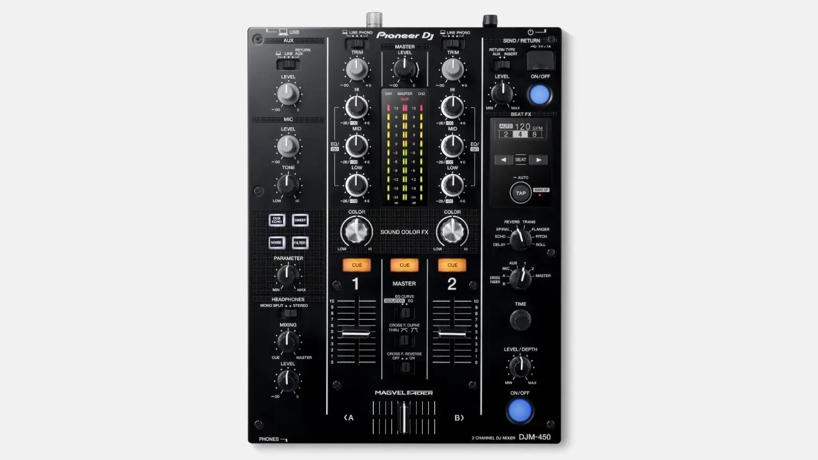 Pioneer DJM-450 2-Kanal DJ-Mixer in Schwarz mit Sound Color FX und orangen Cue-Tasten, Draufsicht.