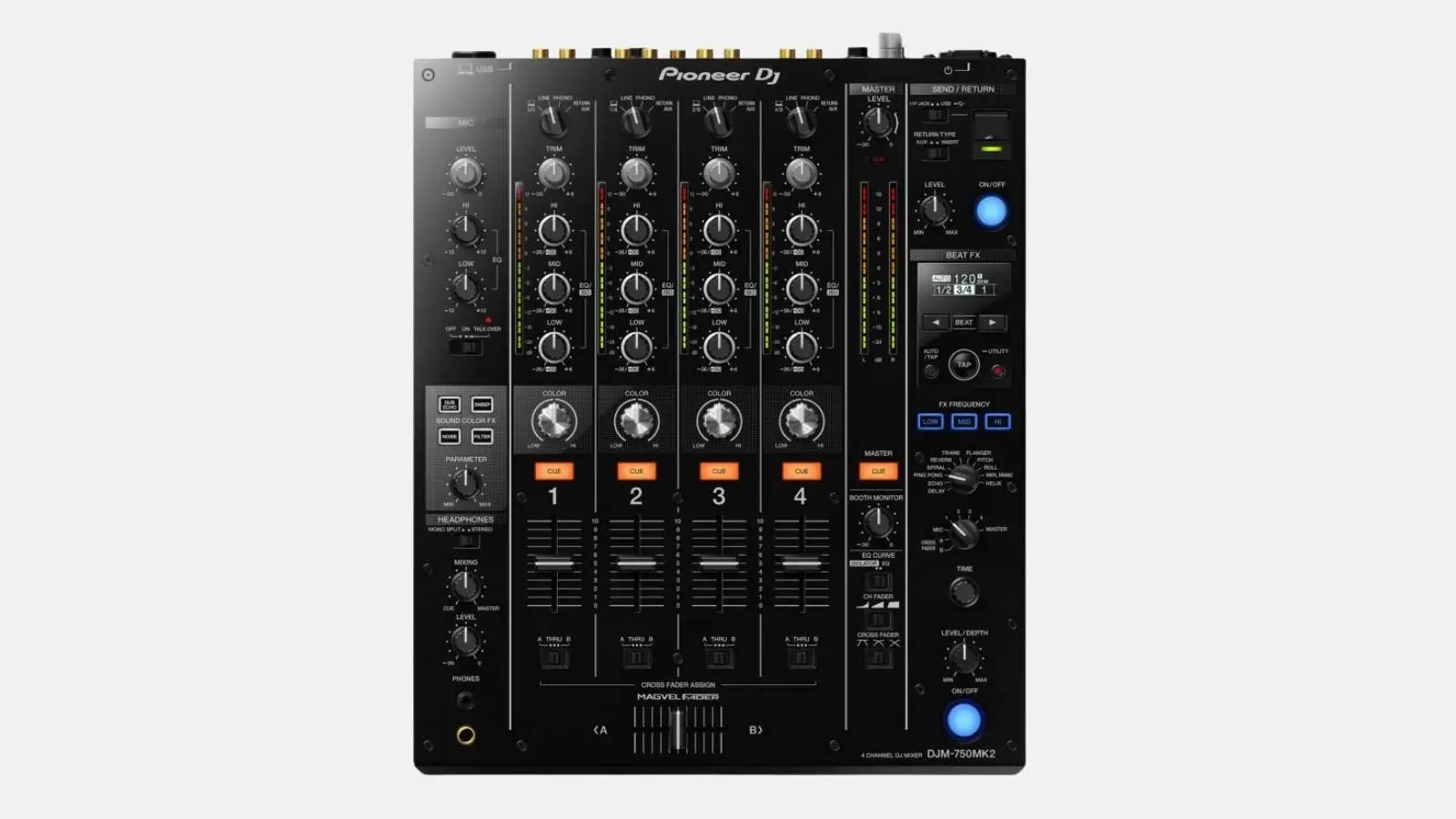 Pioneer DJM-750MK2 4-Kanal DJ-Mixer in Schwarz mit vier Kanalzügen und Sound Color FX, Draufsicht.