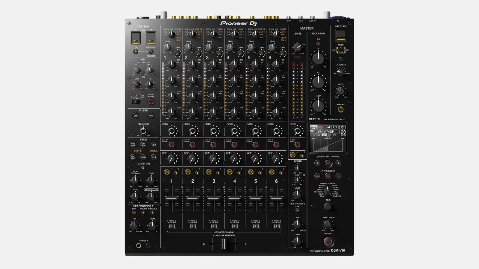 Pioneer DJM-V10 6-Kanal DJ-Mixer in Schwarz mit sechs Kanalzügen und 4-Band-EQ, Draufsicht.