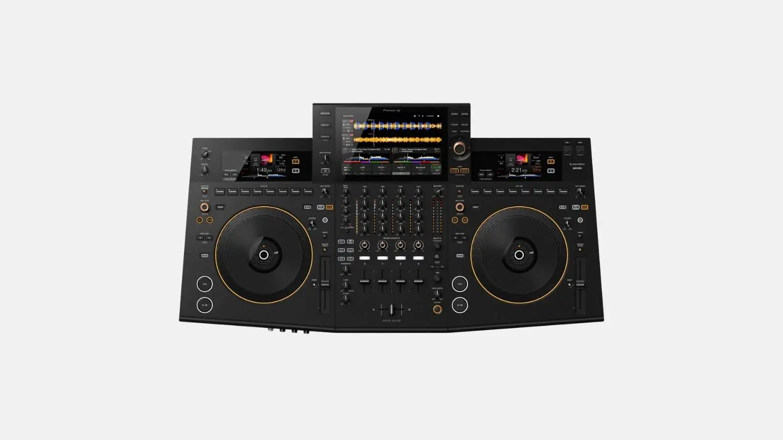 Pioneer OPUS-QUAD Standalone DJ-System in Schwarz mit goldenen Jog-Wheels und zentralem Touchscreen, schräge Ansicht.