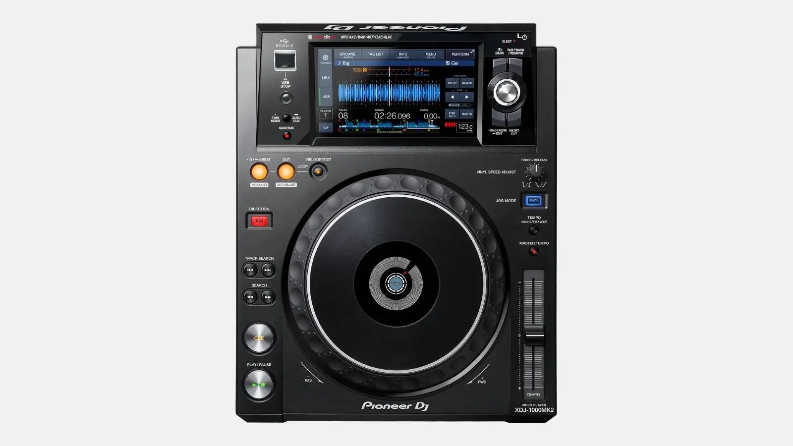 Pioneer XDJ-1000MK2 DJ-Multiplayer in Schwarz mit großem Jogwheel und Touchscreen, Draufsicht.
