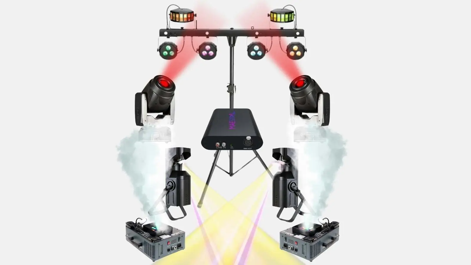 Profi Lichtshow Paket mit LED-Lichteffektleiste, zwei roten Moving Heads und zwei Nebelmaschinen mit farbigen Lichtstrahlen.