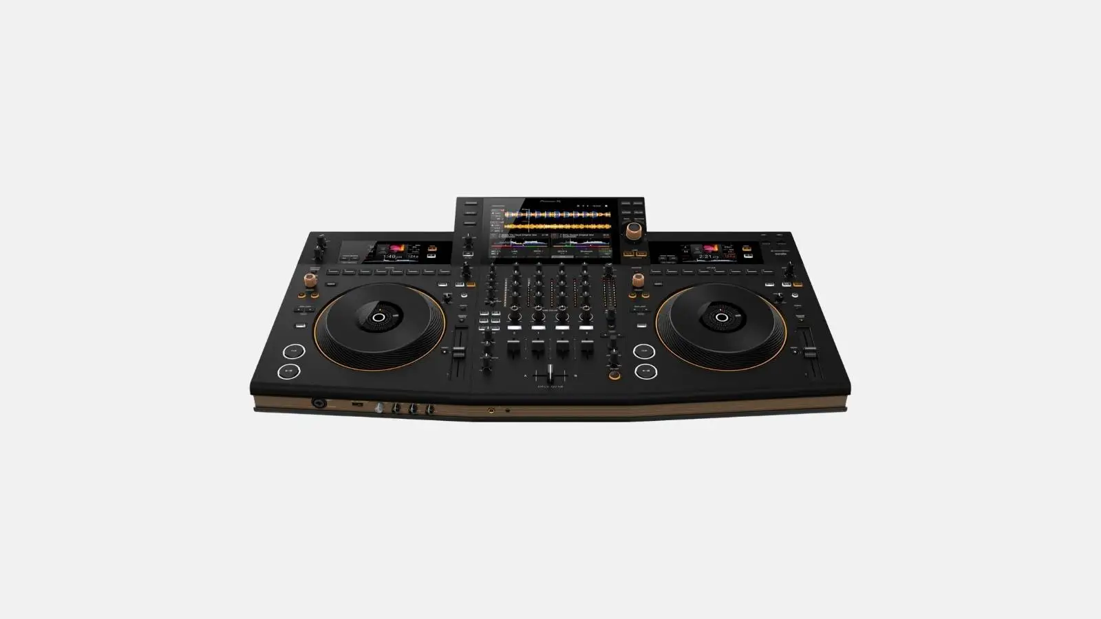 Pioneer OPUS-QUAD 4-Kanal Standalone DJ-Pult mit Touchscreen und goldenen Jog-Wheels in schräger Ansicht.