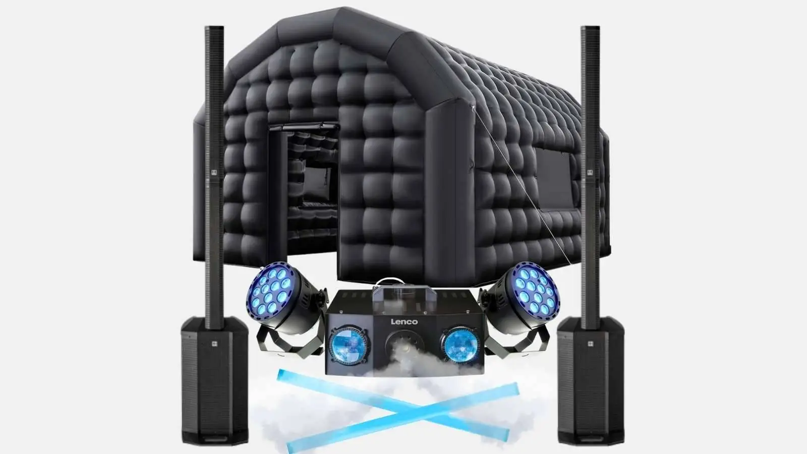 Outdoor-Partyzelt-Paket mit schwarzem Aufblaszelt, zwei Säulenlautsprechern, blauen Lichteffekten und Lenco Nebelmaschine.