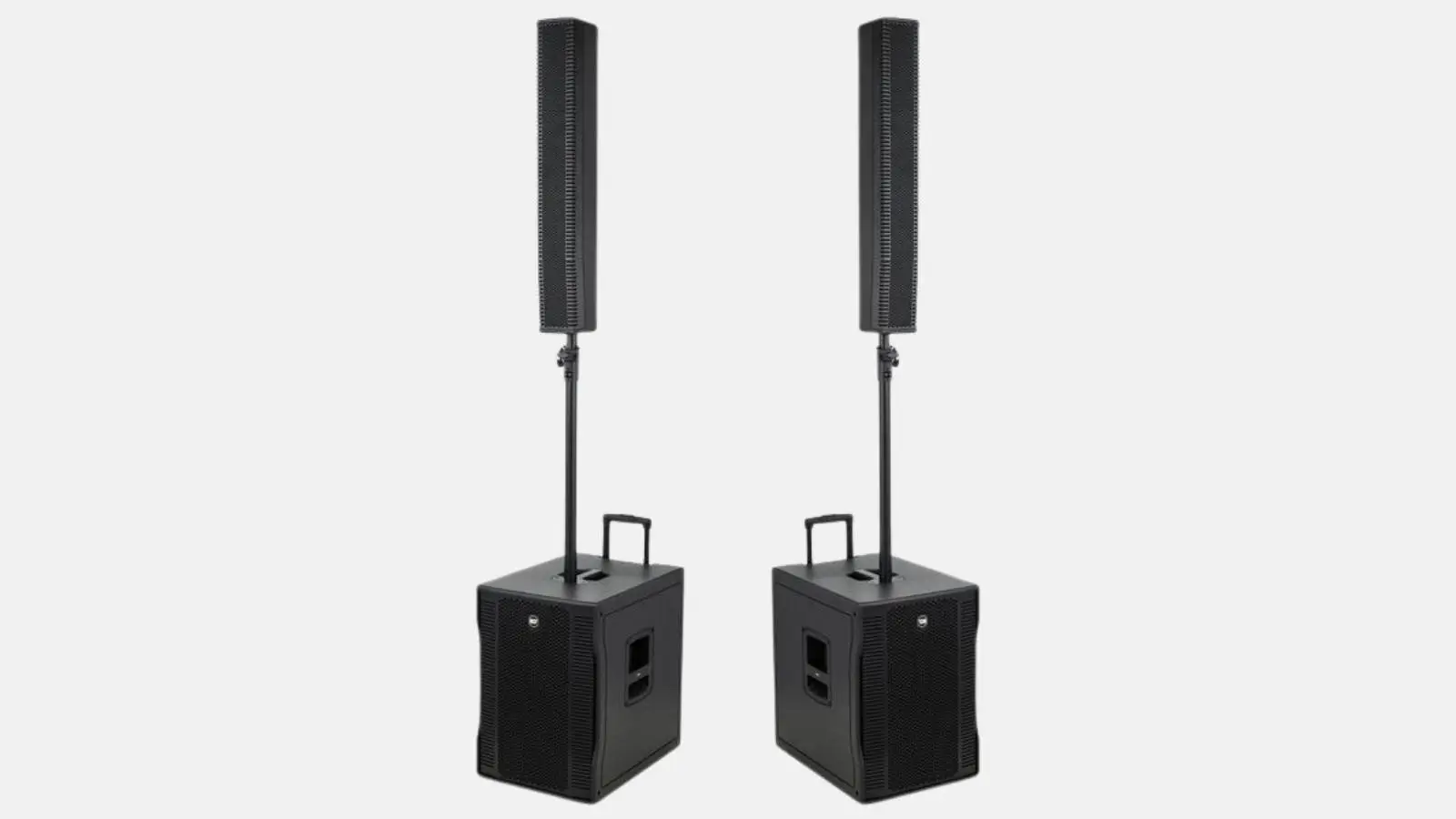 RCF EVOX 12 Säulensystem als Paar mit Line-Array-Säulen auf Subwoofern vor hellem Hintergrund.