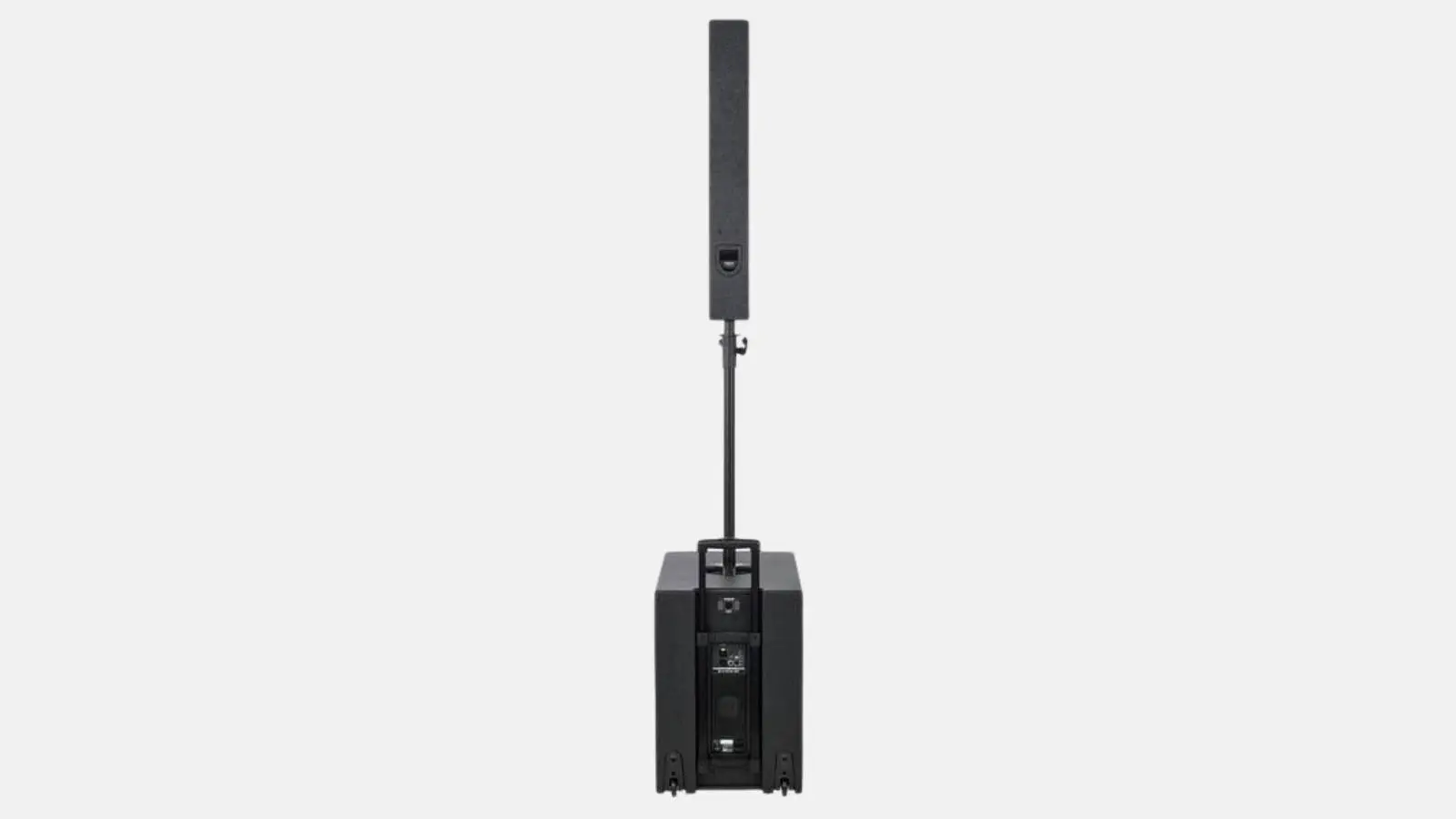 RCF EVOX 12 Säulensystem mit Line-Array-Säule auf Subwoofer in der Rückansicht vor hellem Hintergrund.