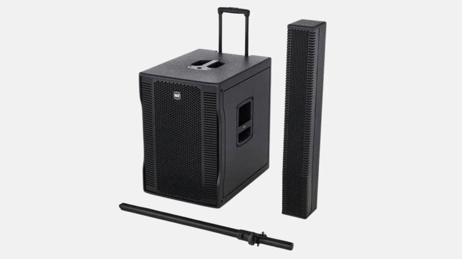 RCF EVOX 8 Säulensystem mit Subwoofer, separater Line-Array-Säule und Verbindungsstange vor hellem Hintergrund.