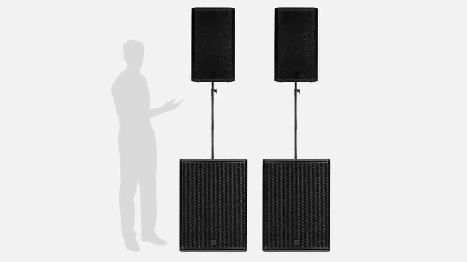 RCF Konzert PA Paket mit zwei Topteilen auf zwei Subwoofern neben Personensilhouette als Größenvergleich.