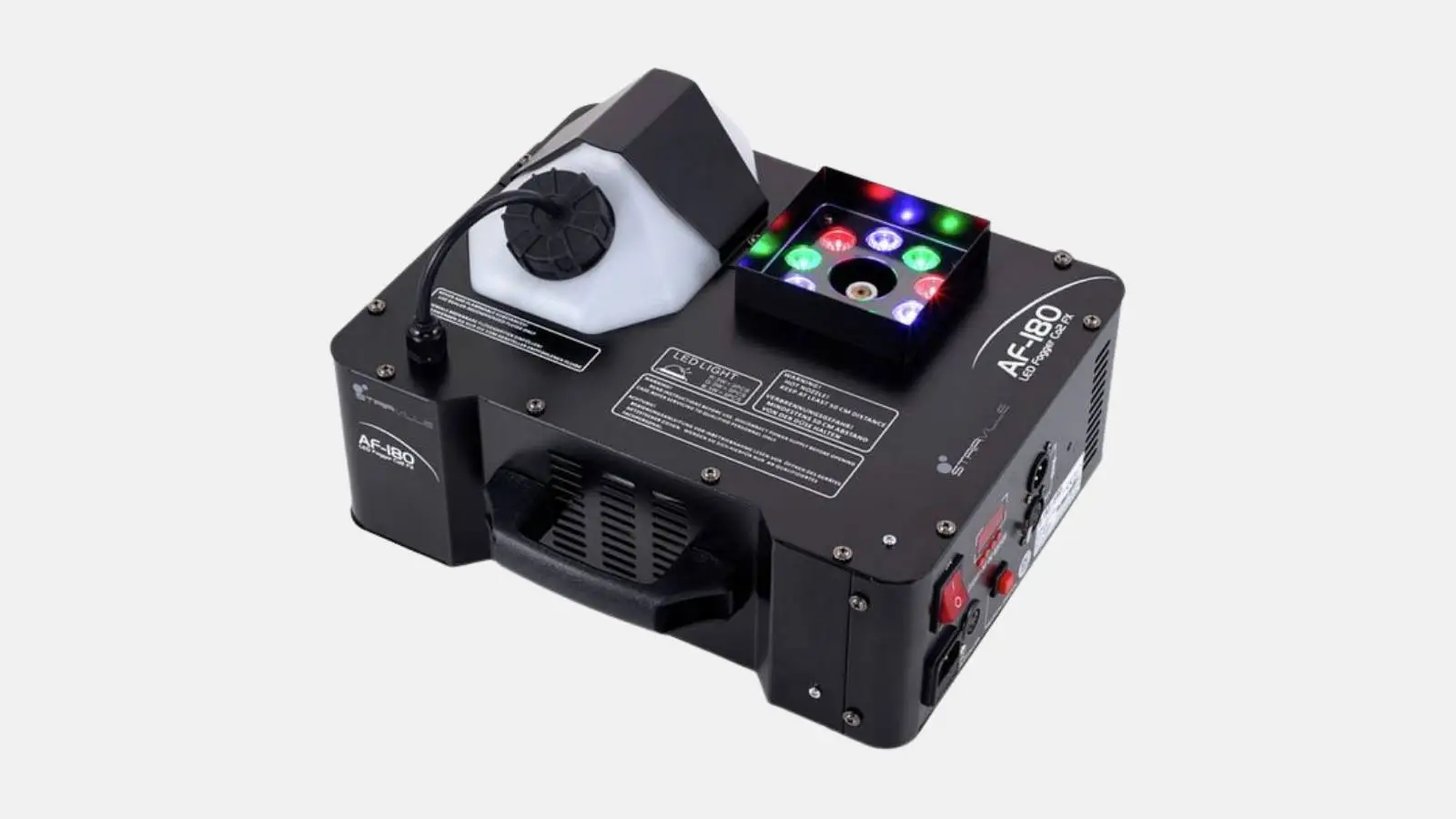 Stairville AF-180 LED Fogger Vertikalnebler in Schwarz mit RGB-LEDs und Fluidtank vor weißem Hintergrund.