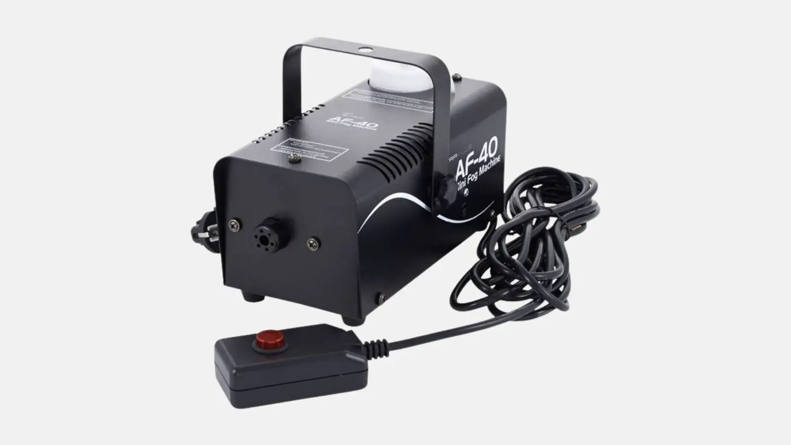 Stairville AF-40 Mini Nebelmaschine in Schwarz mit kabelgebundener Fernbedienung vor weißem Hintergrund.