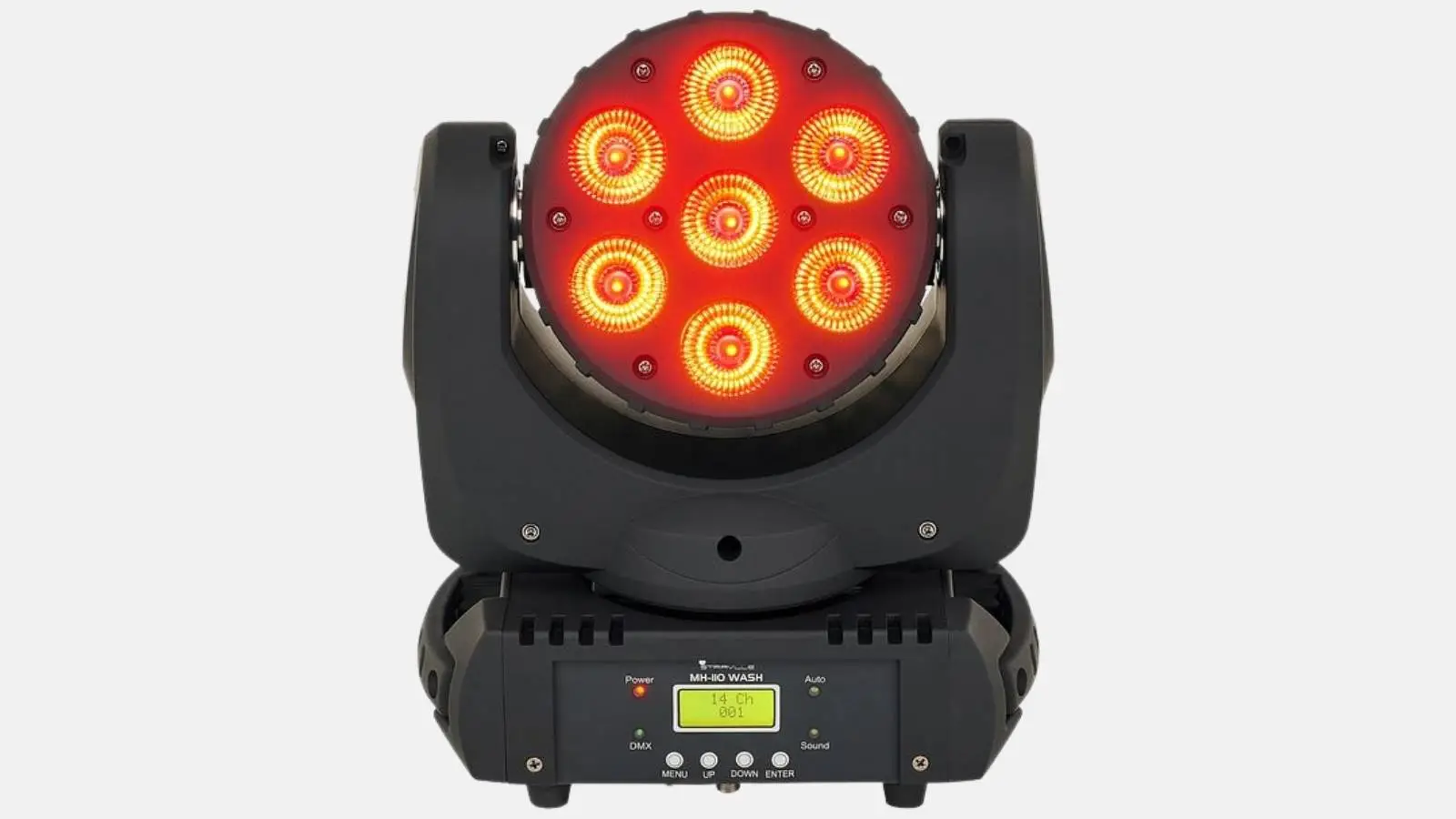 Stairville MH-110 Wash LED Moving Head in Schwarz mit sieben rot leuchtenden LEDs und Display von vorne vor weißem Hintergrund.