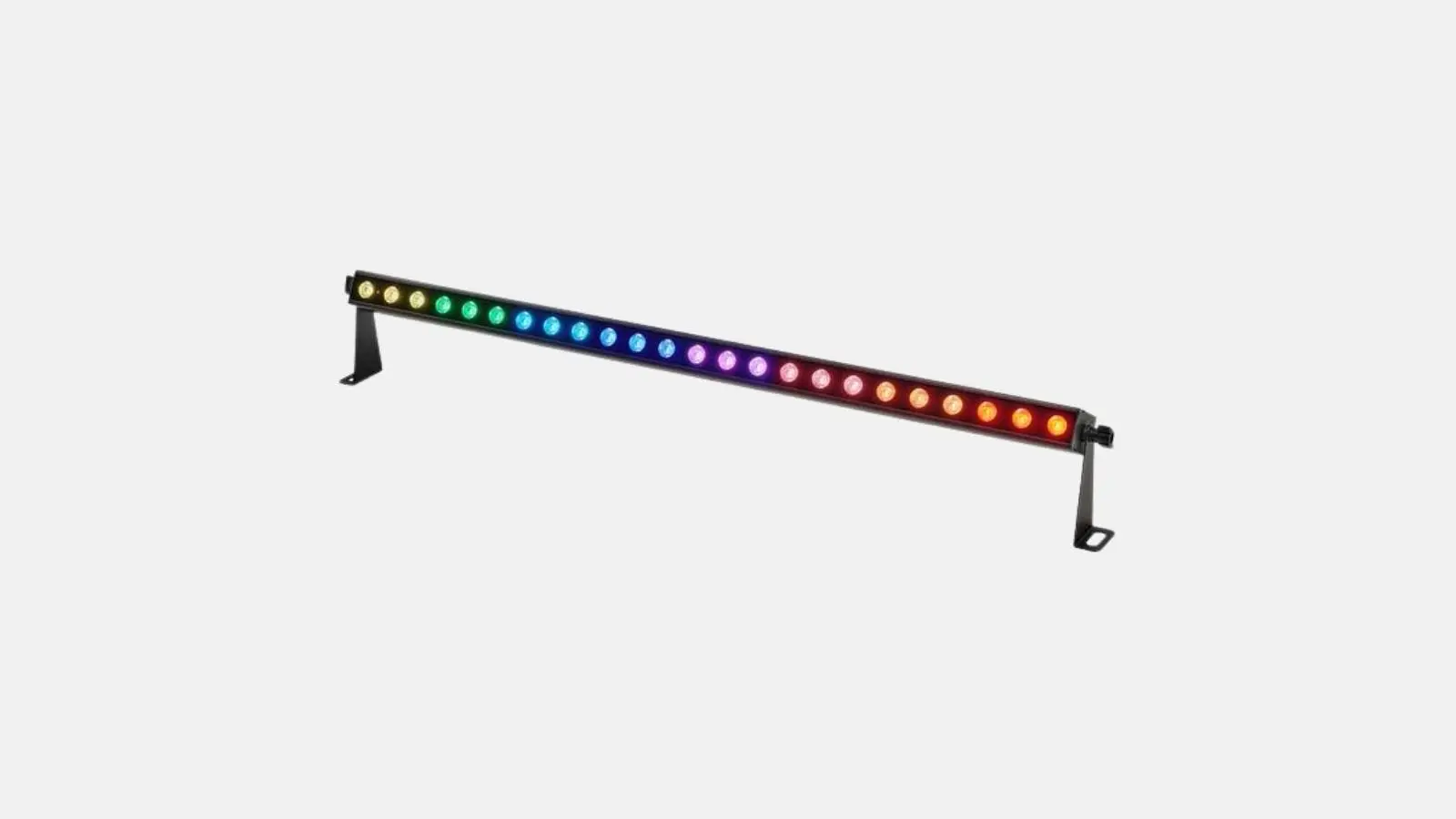 Stairville SonicPulse LED Bar 10 Pixel-Bar in Schwarz mit bunt leuchtenden Pixel-Segmenten schräg vor weißem Hintergrund.