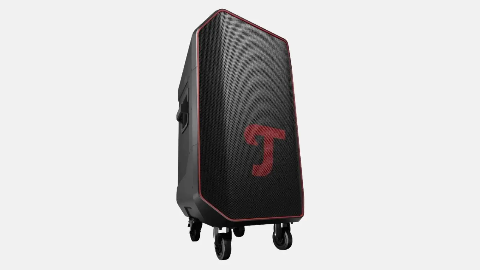 Teufel Rockster 2 Akku-Lautsprecher in Schwarz mit rotem Logo und Rollen in Schrägansicht vor hellem Hintergrund.
