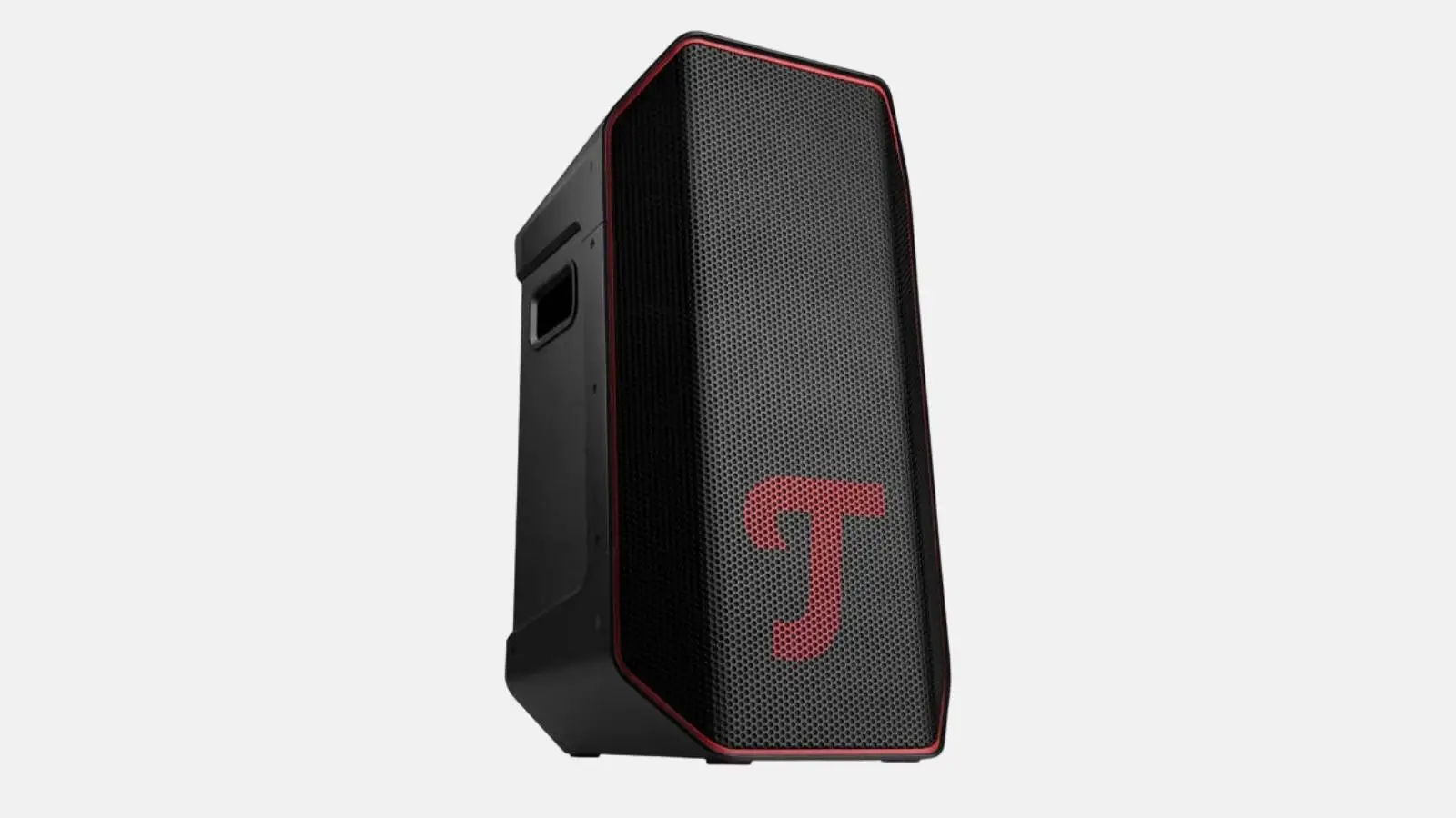 Teufel Rockster Air 2 Akku-Lautsprecher in Schwarz mit rotem Logo und Tragegriff in Schrägansicht vor hellem Hintergrund.